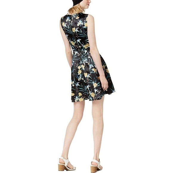 Bar III Black Yellow Floral Tropical Fit & Flare Satin Silky Dress Size Medium - Picture 2 of 5